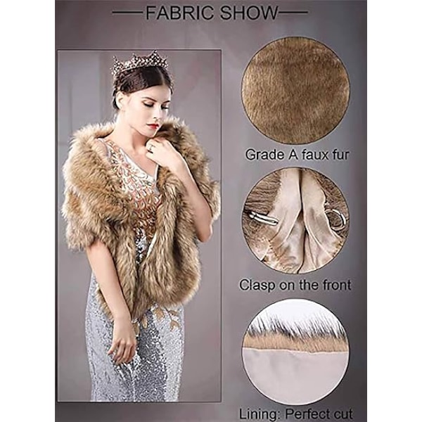 Falsk Pels Sjal Wrap Stole Shrug Vinter Brude Bryllup Dækning Brown