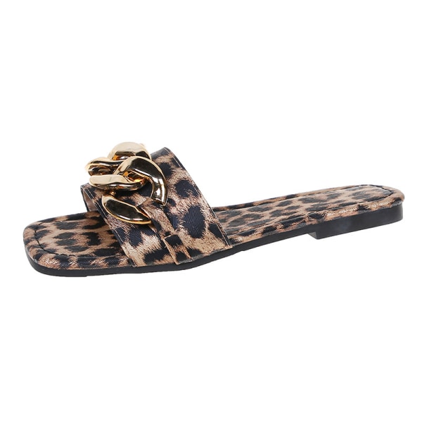 Kvinnor Open Square Toe metallkedja Leopard tofflor 38