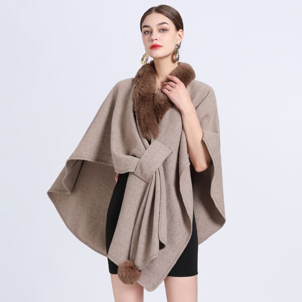 Faux Fur Trim Cardigan Kappe Sjal til Efterår Vinter Khaki