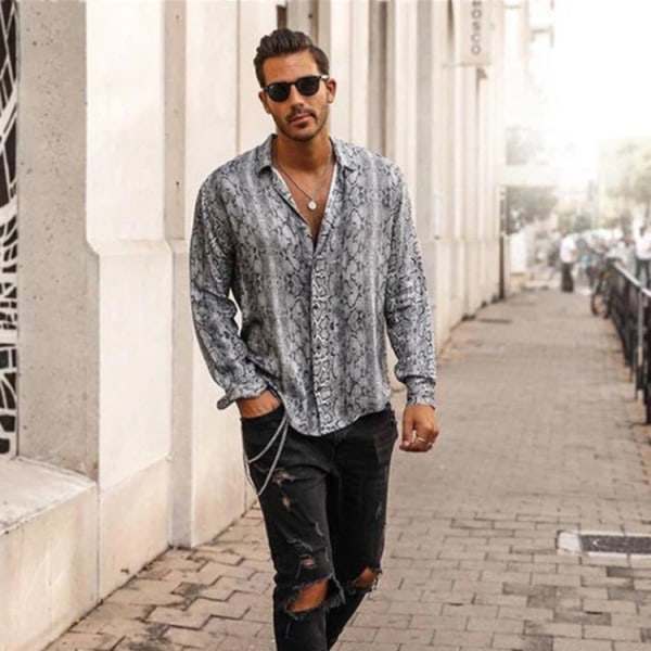 Herrar Hipster Ormhudds Mönstrade Långärmade Strandskjortor 2XL