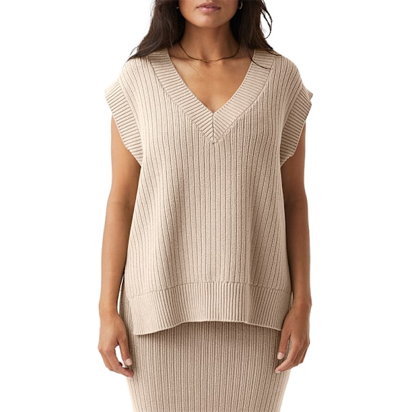 Strikket Vest for Kvinner V-Hals uten Ermer Ensfarget Løstsittende Pullovergenser Beige L