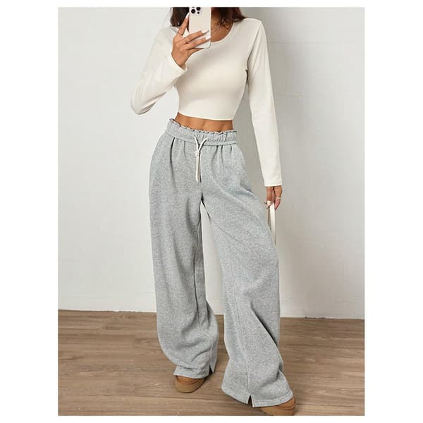 Wide Leg Sweatpants til Kvinder, Høj Talje, Lige Ben, Snøre, Elastik i Taljen Light Grey M