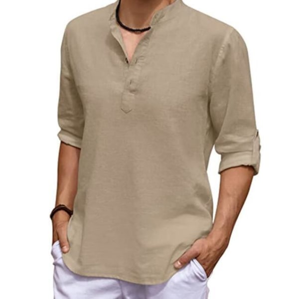 Herrskjorta i bomullslinne med knytknapp på mitten av ärmen Khaki XL