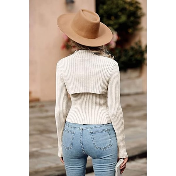 Dam 2-delad Utskuret Topp Långärmad Mock Neck Ribbstickad Vintertröja White M