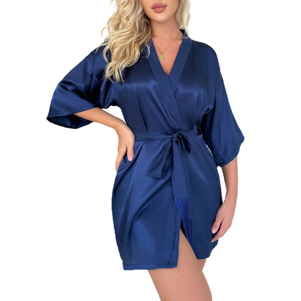 Satin Morgenkåbe til Kvinder Silke Kimono Badekåbe Navy M