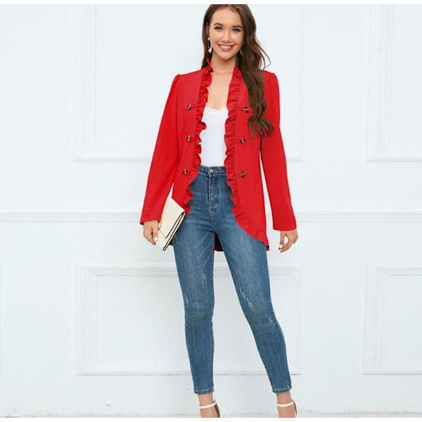 Kvinners Ruffled Lapel Knappelukking Jakke Red M