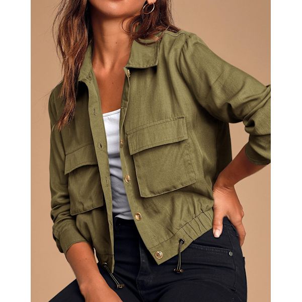 Enkelknäppt långärmad tunn jacka med dragsko för kvinnor Army Green XL