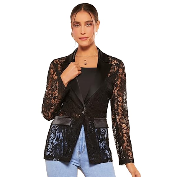 Elegant dame blazer med blomsterblonde, mesh og lange ærmer L