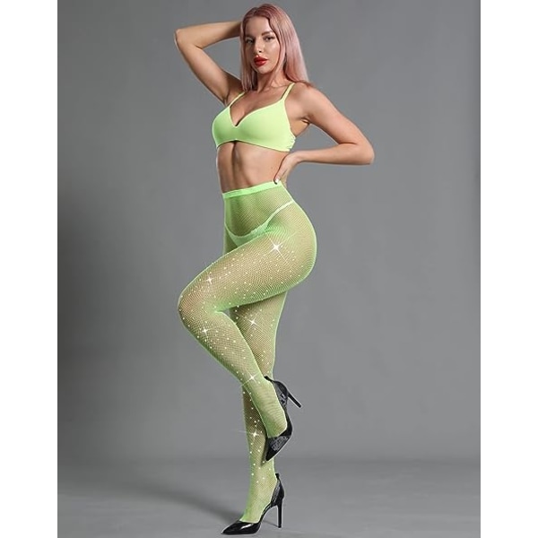 Sparkle Rhinestone Fishnets för kvinnor Fluorescent green