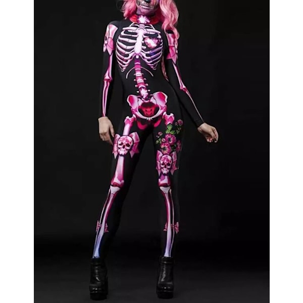 Dam Halloween Party Kostym Skalle Print Långärmad Jumpsuit Outfit Adult-Pink XL