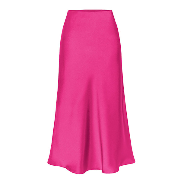 Elegant satengskjørt for kvinner, høy midje, A-linje, midi-skjørt Dark Pink M