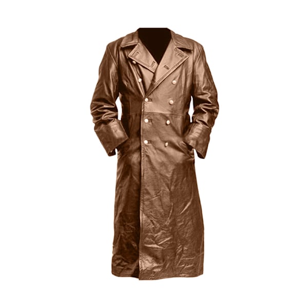 Mænds Læder Trenchcoat Fuld Længde Vintage Kunstlæderjakke Brown XL
