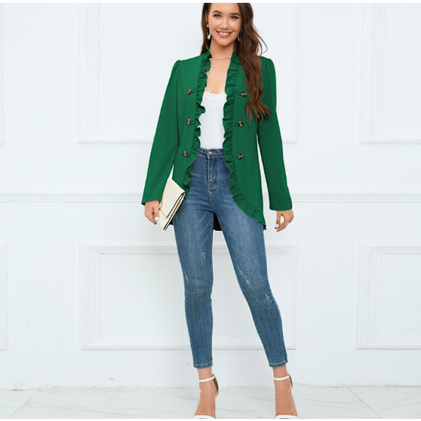 Kvinners Ruffled Lapel Knappelukking Jakke Green M