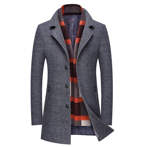 Mænds Uldblendsfrakke med Aftagelig Plaid-Sjal, Hakket Krave, Enkeltbryst Peacoat Trench Overfrakke Grey 1 S