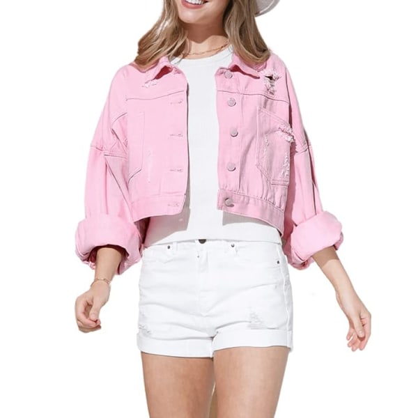 Långärmad jeansjacka för damer med fransar Pink M