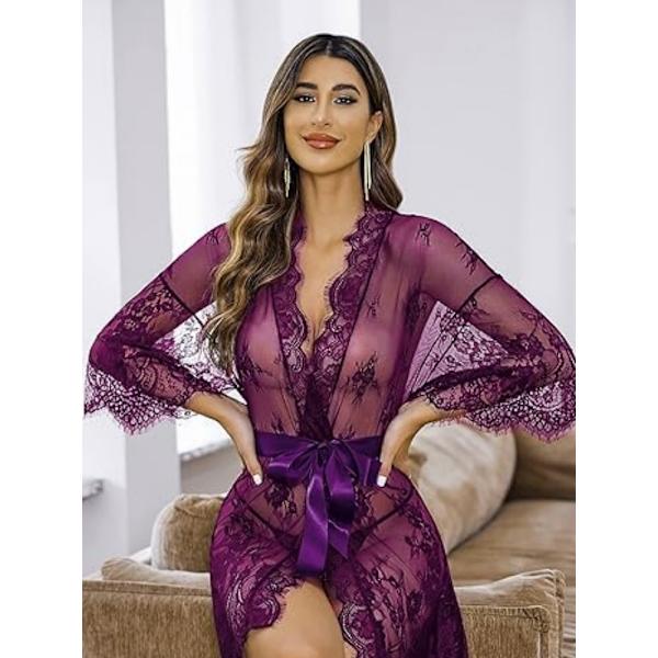 Naisten Pitsi Kimono Takki Babydoll Alusvaatteet Mesh Yöpaita Purple 3XL