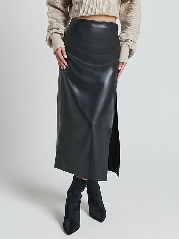 Højtaljet Split Lår Lang Pu Læder Bodycon Skørt til Kvinder Black S