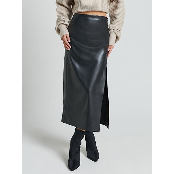 Kvinnors Högmidjade Split Thigh Lång Pu Läder Bodycon Kjol Brown M