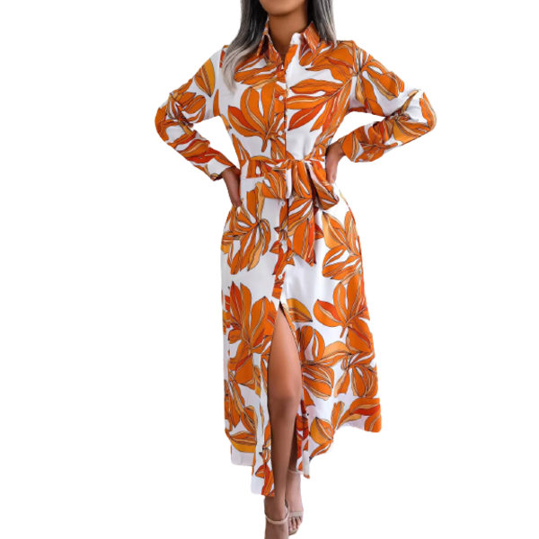 Kvinnors eleganta temperament långärmade lapel A-linjeklänning Orange XXL