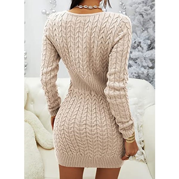 Kvindes Zipper V-Hals Casual Slim Fit Sweater Kjole Beige 3XL