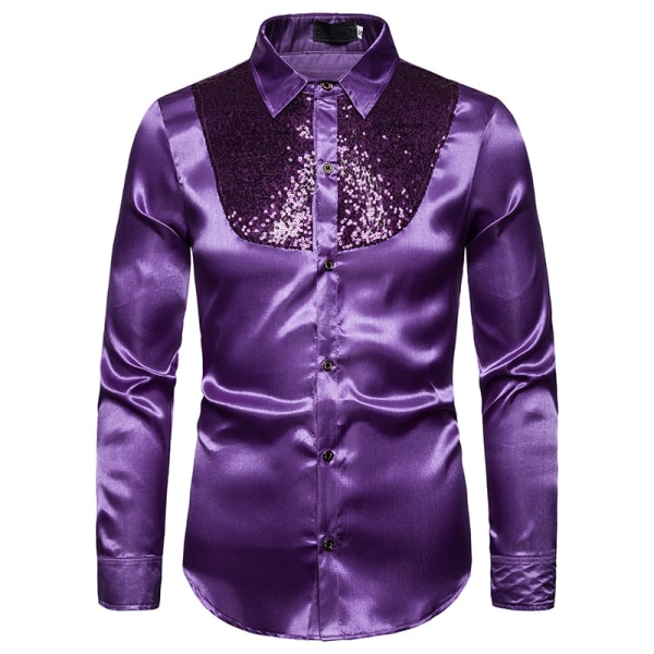 Män Klänning Skjorta Paljetter Långärmad Button Down Skjorta Purple XL