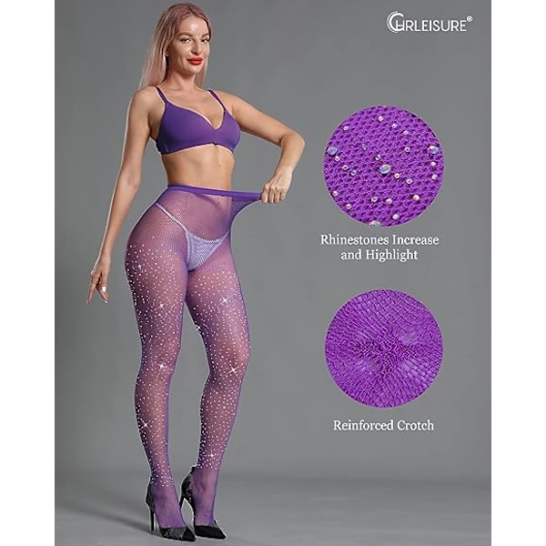 Kvinders Glimmer Rhinestone Fiskenetstrømper Deep Purple