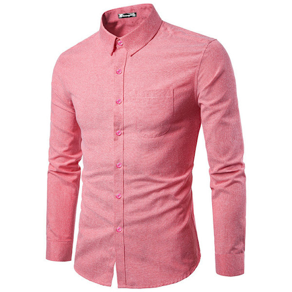 Hvit skjorte for menn, lang ermet, knappestolpe, Oxford-stoff, strukturert PINK M