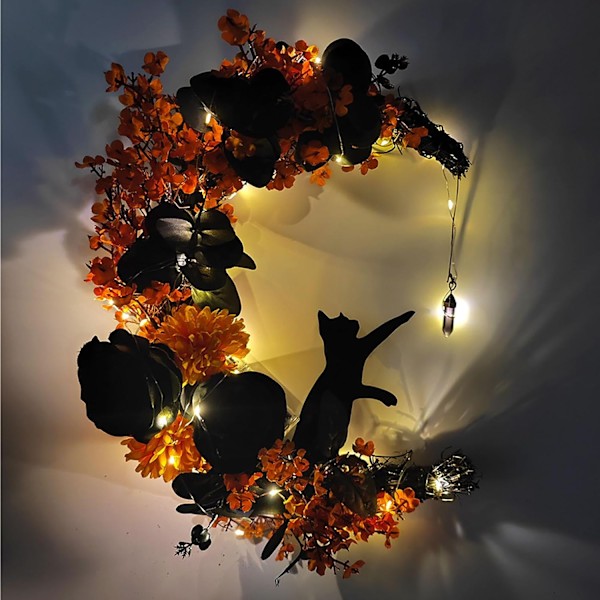 Halloween Halvmånekrans med Lys, Sort Måneblomst og Kattekrans Style 3
