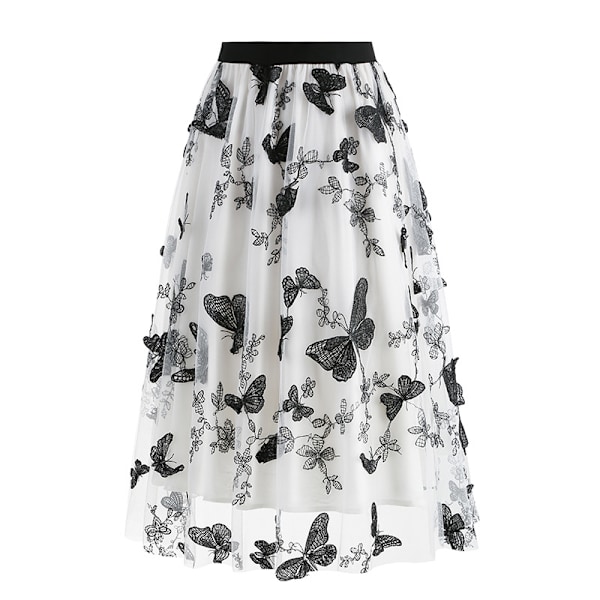 Blomstrete broderte skjørt for kvinner, vintage tyllskjørt White L