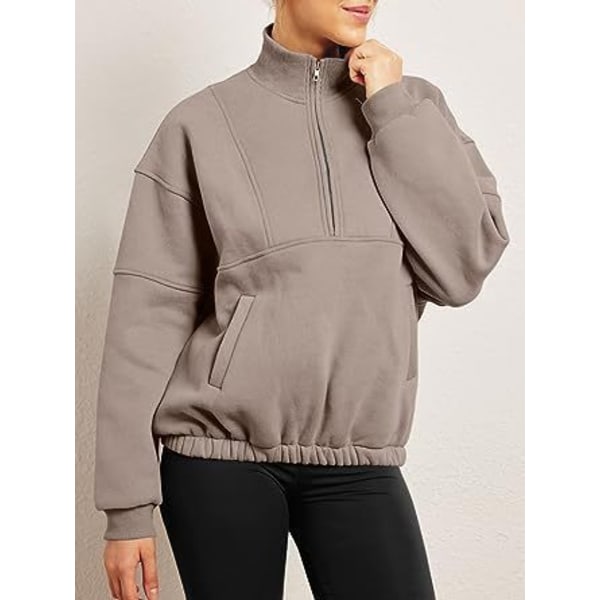 Dame Langærmet Lapel Halv Zip Up Sweatshirt Light Brown L