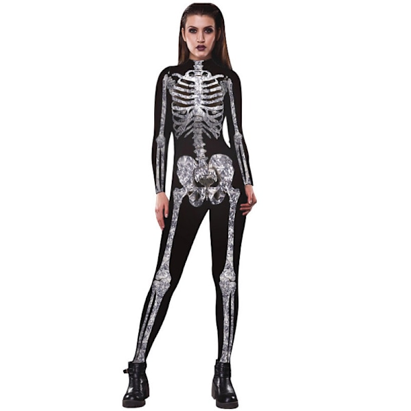 Halloween-kostyme for kvinner med hodeskalletrykk, lang ermet jumpsuit Q1 L