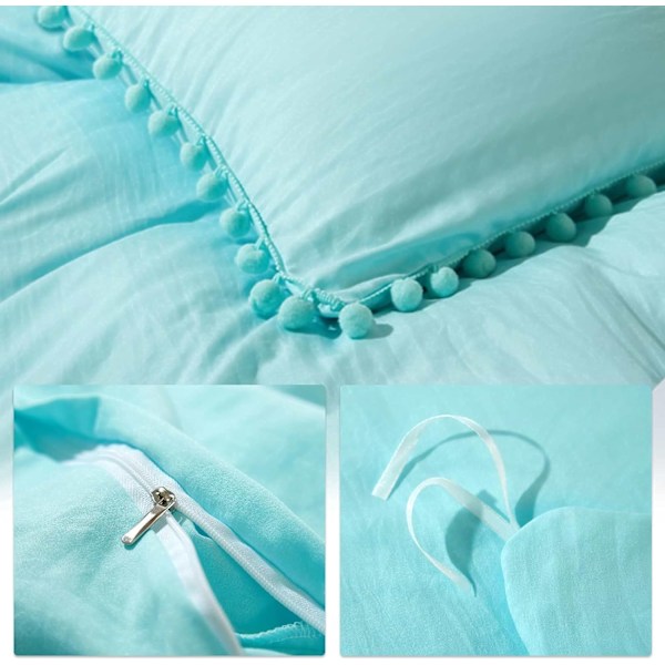 Bomullsöverdrag med Pompom- fransar, 3-delat Bohemiskt Mikrofiberset Blue Twin-168*228cm