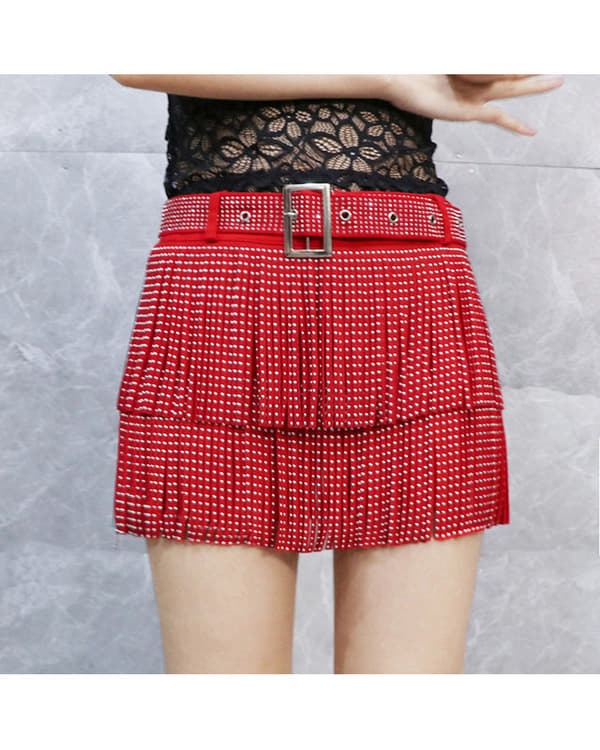 Dam Sparkle Rhinestone Franskjol Elastiskt Midjeband Kort Mini Klänning Red 2XL