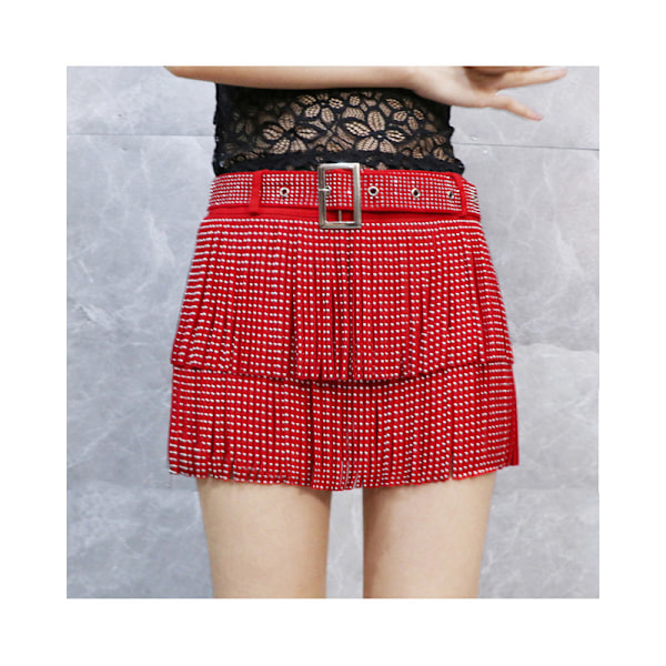 Dam Sparkle Rhinestone Franskjol Elastiskt Midjeband Kort Mini Klänning Red 4XL