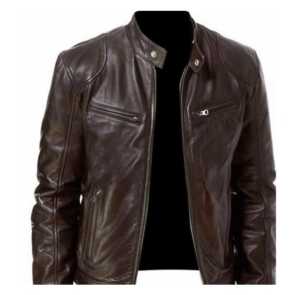Mænds Slim Fit Stand Collar Læderjakke Brown M