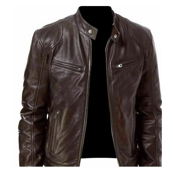 Mænds Slim Fit Stand Collar Læderjakke Brown XL