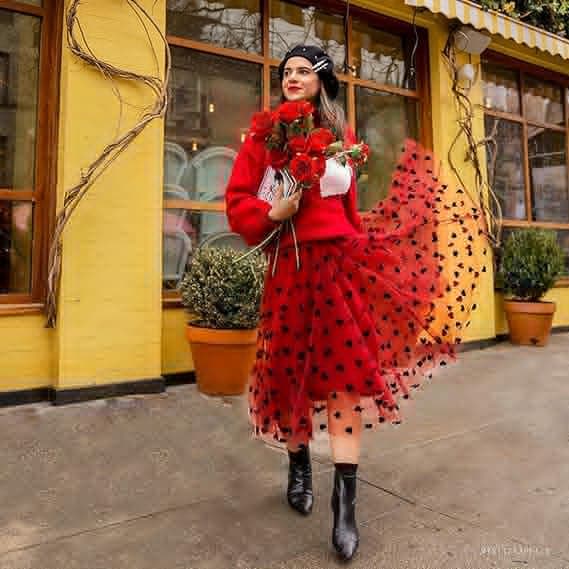 Dame Sort 3D Posy Dobbeltlags Mesh Midi Skørt Red M