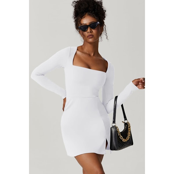 Kvindes Kvadratisk Halsudskæring Bodycon Kjole Langærmet Side Slids Flare Mini Kjole white M