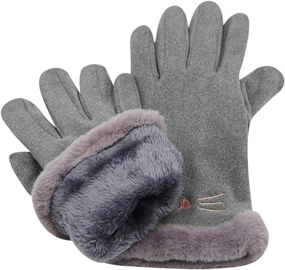 Dame Suede Handsker Søde Kat Fleeceforet Varme Handsker Grey