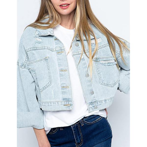 Damelanget Denimjakke med Frynser og Strass Light Blue M