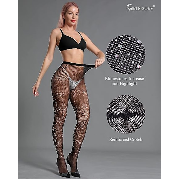 Kvinders Glimmer Rhinestone Fiskenetstrømper Black