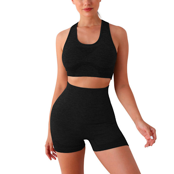 Træningssets til Kvinder 2 Dele Sømløs Ribbet Crop Tank Højtaljet Shorts BLACK L/XL