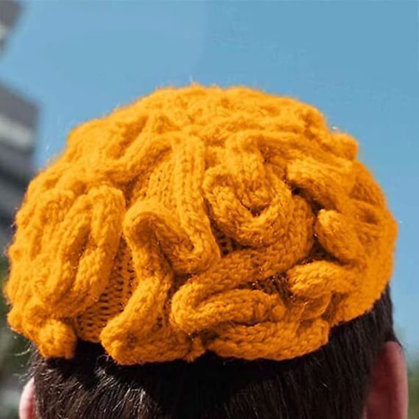 Rolig handgjord stickad hjärnhatt Yellow Adult