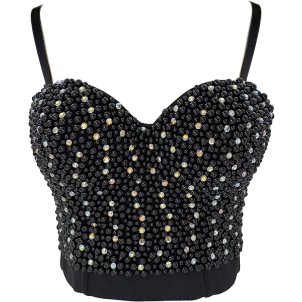 Sexiga pärlor pärlor Rhinestone Bustier Crop Top Black 38c