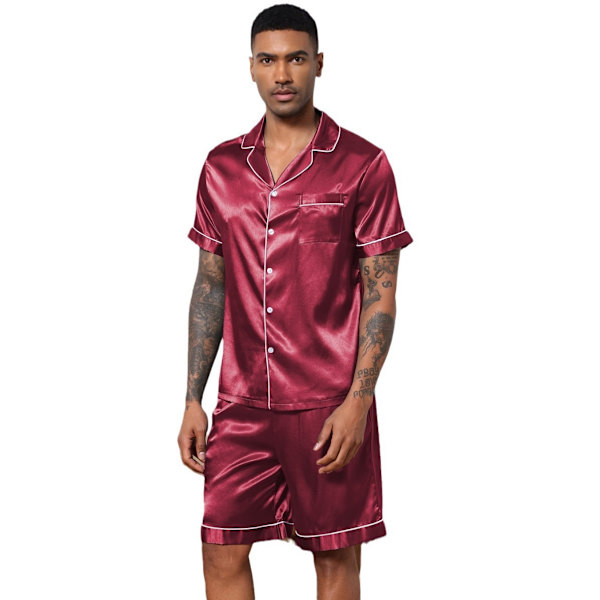 Män Satin Pyjamas Set 2 Delar Loungewear Knapp-Ner Pjs Set red L