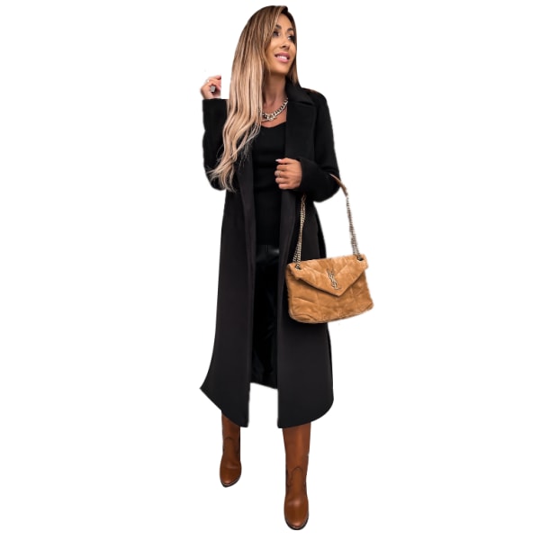 Klassisk lång kappa med bälte för kvinnor black L