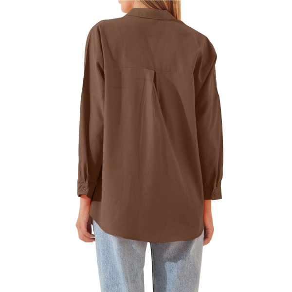 Kvinnors bomulls skjorta med lång ärm och knappar i enfärgad design Brown M