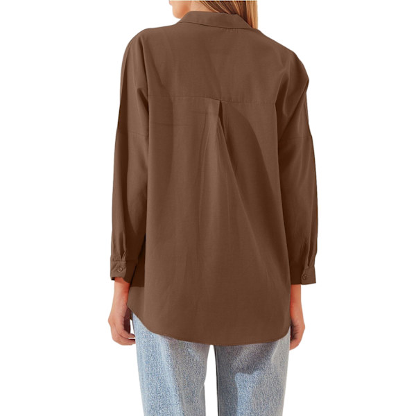 Naisten Puuvillainen Yksivärinen Pitkähihainen Napitettu Paita Brown XL