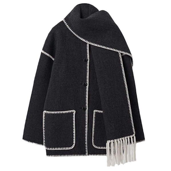 Damefrakke med Sjal Løst Enkeltbrystet Frakke Black White XL