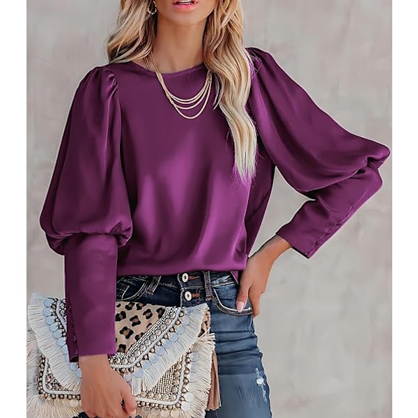 Satinbluse med Puff-ermer for kvinner - Avslappet og løs topp Purple M